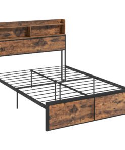 HOMCOM Industrial Double Bed Frame, 4.6FT Steel Bed Base with Storage Headboard, Footboard, Slatted Support and Under Bed Storage, 141 x 207cm, Rustic Brown