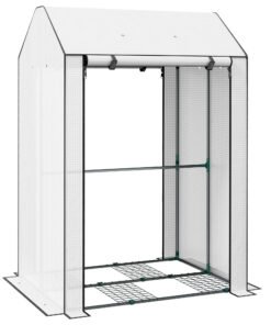 Outsunny Mini Greenhouse with 4 Wire Shelves, Portable Tomato Greenhouse, Upgraded Garden Grow House for Plants with Roll Up Door and Vents, 100 x 80 x 150cm, White