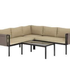 Outsunny 5 Seater Garden Corner Sofa Set, 4 Pieces Metal Garden Furniture Set with Loveseats, Glass Top Coffee Table, Breathable Mesh Pocket, Outdoor Conversation Furniture with Cushions, Khaki
