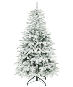 HOMCOM 5 ft Artificial Flocked Christmas Tree with 717 Branches, Hinged Xmas Tree with Foldable Metal Stand, Easy Assembly for Home Office Decor