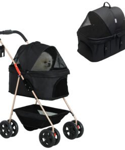 PawHut PawH 3-in-1 Pet Stroller, Folding 4 Wheel Dog Pram with Detachable Carrier for Mini Dogs, Cats, Black