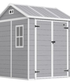 Outsunny 6 x 6ft Garden Shed with Floor, Window, Lockable Doors and Vents, Wood Effect Resin Tool Shed for Outdoor Patio, Grey