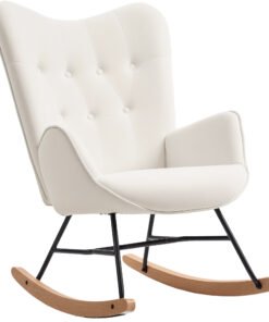 HOMCOM Rocking Chair, Modern Upholstered Velvet Armchair with Solid Wood Legs and Metal Frame for Living Room, Bedroom, Cream