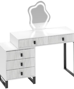 HOMCOM Dressing Table, Vanity Desk with Leaf Shape Mirror, Makeup Table with 5 Drawers, 3-Colour LED Lights, 100x40cm Tabletop, White