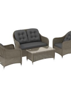 Outsunny Four-Piece Rattan Sofa Set, with Glass-Top Table - Light Grey