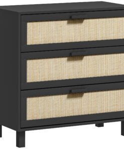 HOMCOM Rattan Bedroom Chest of Drawers, 3 Drawers Storage Unit, Boho Dresser for Living Room, Hallway, Black