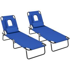 Outsunny Outdoor Folding Sun Lounger Set of 2 with Face Hole, 4 Level Adjustable Backrest Reclining Garden Lounger, Garden Recliner Sunbed with 600 D Oxford Cloth Seat and Pillow for Beach, Blue