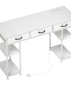 HOMCOM 120cm Computer Desk with Power Outlets, Office Desk Study Table with 3 Fabric Drawers and 4 Storage Shelves, White