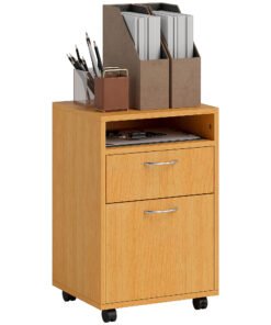 HOMCOM 60cm Filing Cabinet with Drawer, Open Shelf, Metal Handles and 4 Wheels, Office Home Organiser Mobile Printer, Natural Wood Finish