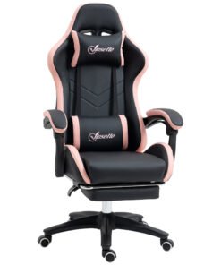 Vinsetto Computer Gaming Chair, PU Leather Office Desk Chair with Footrest, Swivel Wheels, 135° Reclining Back, Lumbar Support, Headrest for Home, Black and Pink