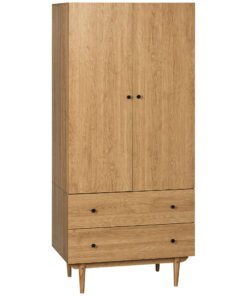 HOMCOM Wardrobe with 2 Doors, 2 Drawers, Hanging Rail for Bedroom Clothes Storage Organiser, 80x52x180cm, Natural Tone