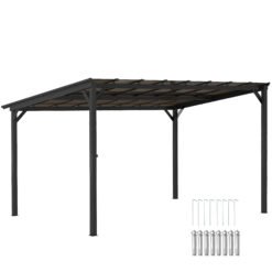 Outsunny 3 x 4.3m Metal Pergola with UPF 50+ and Waterproof Polycarbonate Roof, Wall-Mounted or Free Standing Garden Gazebo, Wind-resistant Outdoor Sun Shade, Dark Grey