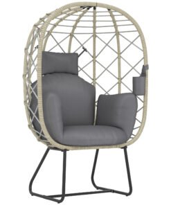 Outsunny Rattan Egg Chair Outdoor Indoor Wicker Chair with Thickened Cushion and Headrest, Standing Garden Egg Chair with Cup Holder, Metal Frame for Patio, Balcony, Grey