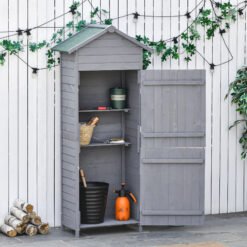 Outsunny Wooden Garden Storage Shed Utility Gardener Cabinet w/ 3 Shelves, Tilted-felt Roof and Two Lockable Doors, 79cm x 49cm x 191.5cm, Dark Grey