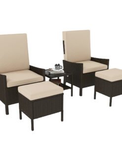 Outsunny 5 Piece Rattan Garden Furniture Set, Wicker Patio Sofa Set with 2 Armchairs, 2 Footstools, Glass Top Coffee Table with Shelf, Outdoor Furniture with Adjustable Backrests, Cushions, Khaki