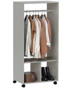 HOMCOM Open Wardrobe on Wheels, Bedroom Wardrobe with Clothes Hanging Rail, 2 Storage Shelves, Mobile Garment Rack for Cloakroom, Hallway, Grey