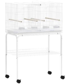 PawHut Bird Cage with Divider, 4 Wooden Perches, Slide Out Tray, 4 Feeders, for Budgie, Lovebird, Canary, 76 x 46 x 116cm White