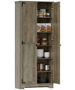 HOMCOM Farmhouse Kitchen Cupboard, Freestanding Kitchen Storage Cabinet with Adjustable Shelves, Tall Storage Cabinet with Recessed Doors, Grey Wood-Effect