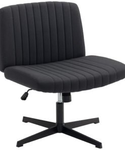 HOMCOM Armless Office Chair No Wheels, Linen Fabric Criss Cross Legged Desk Chair with Wide Seat, Thick Padding, Tilt Function, Height Adjustable Swivel Computer Seat for Home, Black