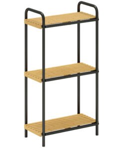 HOMCOM 3-Tier Bamboo Bathroom Storage Shelf, Freestanding Narrow Shelving Unit with Slatted Shelves for Kitchen Bathroom Living Room, 41.5 x 21.5 x 77.5 cm, Natural and Black