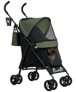 PawHut Foldable Dog Stroller, Lightweight Dog Pram w/ Shoulder Strap, Storage Bag, Cup Holder, Dark Green