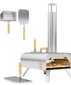Outsunny Outdoor Pizza Oven, Portable Wood Pellet Pizza Oven with Pizza Stone and Peel, Foldable Legs, Chimney, 12 Inch Wood Fired Pizza Maker for Outdoor Cooking, Stainless Steel