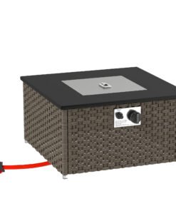 Outsunny Rattan Gas Fire Pit Table for Garden, 13 KW Smokeless Propane Fire Pit with Lid, Square Garden Coffee Table with Patio Heater for Outdoor, Patio, 58 x 58 x 33 cm, Grey