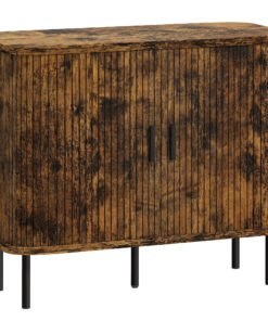 HOMCOM Mid-Century Modern Sideboard Storage Cabinet with Slatted Tambour Sliding Doors, Kitchen Cabinet with Steel Legs, Rustic Brown