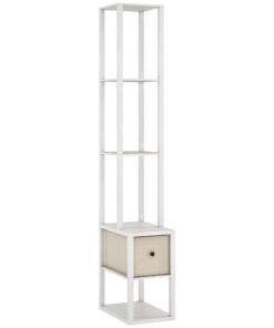 HOMCOM Floor Lamp with Shelves, LED Column Modern Standing Lamp with Fabric Drawer, Adjustable Brightness, Foot Switch for Living Room, Bedroom, Office, White