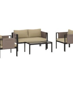 Outsunny 4 Piece Metal Garden Furniture Set with Tempered Glass Coffee Table, Texteline Pocket, Outdoor Set Loveseat Single Armchairs with Padded Cushions, Khaki