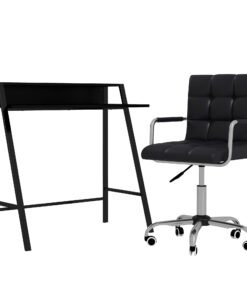 HOMCOM Home Office Chair and Computer Desk Set, Faux Leather Desk Chair with Swivel Wheels, Study Desk with Storage Shelf, Black