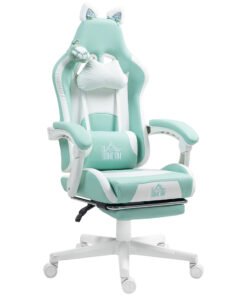 HOMCOM Cat Ear and Paw Reclining Office Chair, with Footrest - Light Blue/White