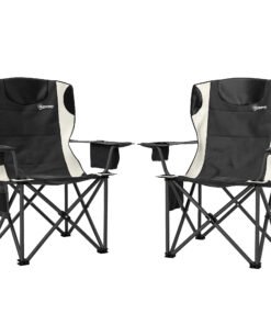 Outsunny Set of 2 Folding Camping Chairs, Padded Camping Chairs with Adjustable Armrests, Portable & Lightweight Folding Camp Chair with Cooler Bag, Cup Holder and Side Pockets, Black