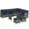 Outsunny 7-Seater Patio wicker Sofa Set Rattan Chair Furniture w/ Glass & Cushioned, Dark Blue