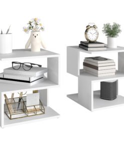 HOMCOM Set of 2 Side Table, Square Coffee Table, Modern End Table with 2 Tier Storage Shelves for Living Room, Bedroom, White
