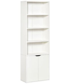 HOMCOM 6-Tier Tall Bookcase, Bookshelf with 4 Open Shelves and Double Door Storage Cabinet, Freestanding Display Rack for Living Room, Bedroom, Home Office, Study, 59 x 29 x 180cm, White