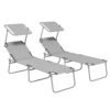 Outsunny Outdoor Foldable Sun Lounger Set of 2, 4 Level Adjustable Backrest Reclining Sun Lounger Chair with Angle Adjust Sun Shade Awning for Beach, Garden, Patio, Light Grey