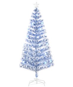 HOMCOM 6FT Artificial Fibre Optic Christmas Tree Seasonal Decoration w/ LED Lights Pre-Lit Easy Store White Blue