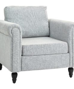 HOMCOM Vintage Accent Chair, Upholstered Occasional Chair with Back Pillow, Rolled Arms, Rubber Wood Legs, Light Grey