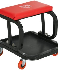 HOMCOM Workshop Stool, Rolling Machine Stool with 360° Swivel, Padded Seat, Tool Tray, Red