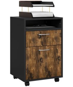 HOMCOM 60cm Filing Cabinet with Drawer, Open Shelf, Metal Handles and 4 Wheels, Office Home Organiser Mobile Printer, Rustic Brown