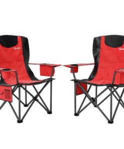 Outsunny Set of 2 Folding Camping Chairs, Padded Camping Chairs with Adjustable Armrests, Portable & Lightweight Folding Camp Chair with Cooler Bag, Cup Holder and Side Pockets, Red