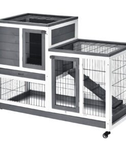 PawHut Wooden Indoor Rabbit Hutch Guinea Pig House Bunny Small Animal Cage W/ Wheels Enclosed Run 110 x 50 x 88 cm, Grey