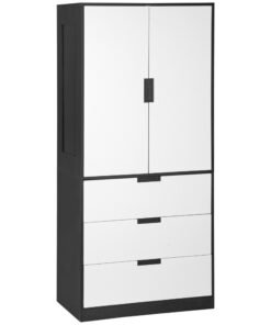 HOMCOM 2 Door Wardrobe, Modern Wardrobe with 3 Drawers and Hanging Rod for Bedroom, Black