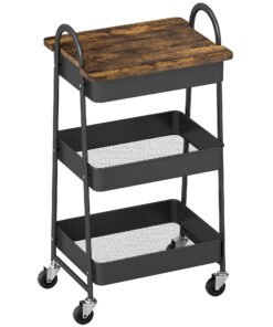 HOMCOM 3-Tier Kitchen Storage Trolley with on Wheels Cover Top Board - Rustic Brown and Black