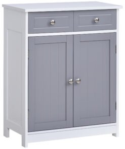 kleankin 75x60cm Freestanding Bathroom Storage Cabinet Unit w/ 2 Drawers Cupboard Adjustable Shelf Metal Handles Traditional Style Grey White