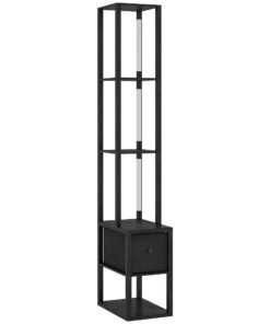 HOMCOM Floor Lamp with Shelves, LED Column Modern Standing Lamp with Fabric Drawer, Adjustable Brightness, Foot Switch for Living Room, Bedroom, Office, Black