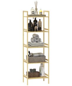 HOMCOM 5-Tier Bamboo Bathroom Storage Shelf, Freestanding Shelving Unit with Adjustable Rack for Kitchen Bathroom Living Room, Natural Wood Finish