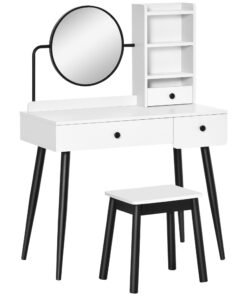 HOMCOM Dressing Table Set with Mirror and Stool, Vanity Makeup Table with 3 Drawers and Open Shelves for Bedroom, Living Room, White