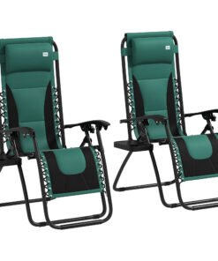 Outsunny Zero Gravity Lounger Chair Set of 2, Folding Reclining Patio Chair with Padded Seat, Cup Holder, Soft Cushion and Headrest for Poolside, Camping, Green